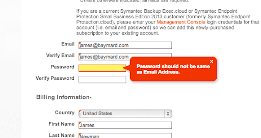 Form displaying the error 'Password should not be the same as email address'