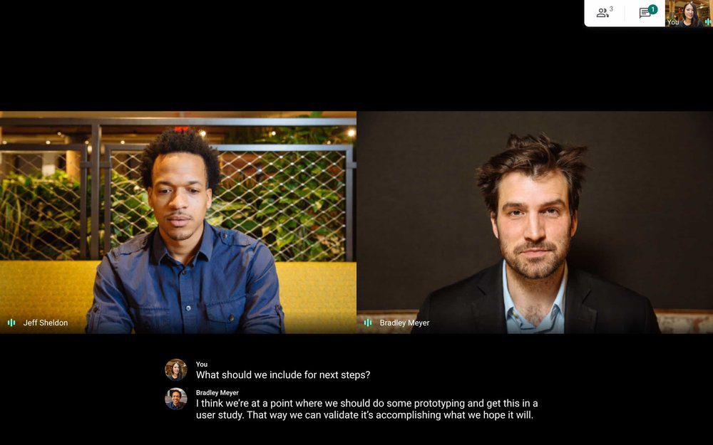 Two users chatting using Google Meets, with captions beneath their photos that identify who is speaking