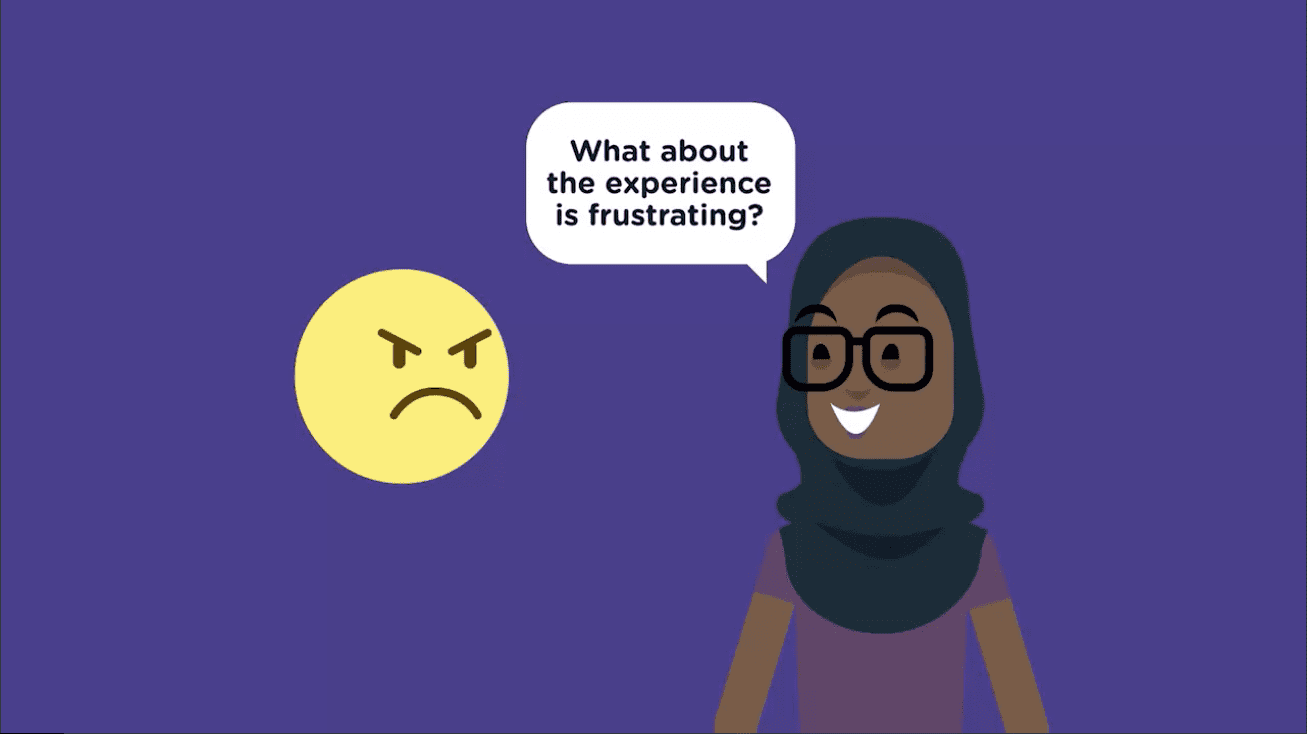 Still image from an animation. A UX designer is asking an angry user 'what about the experience is frustrating?'