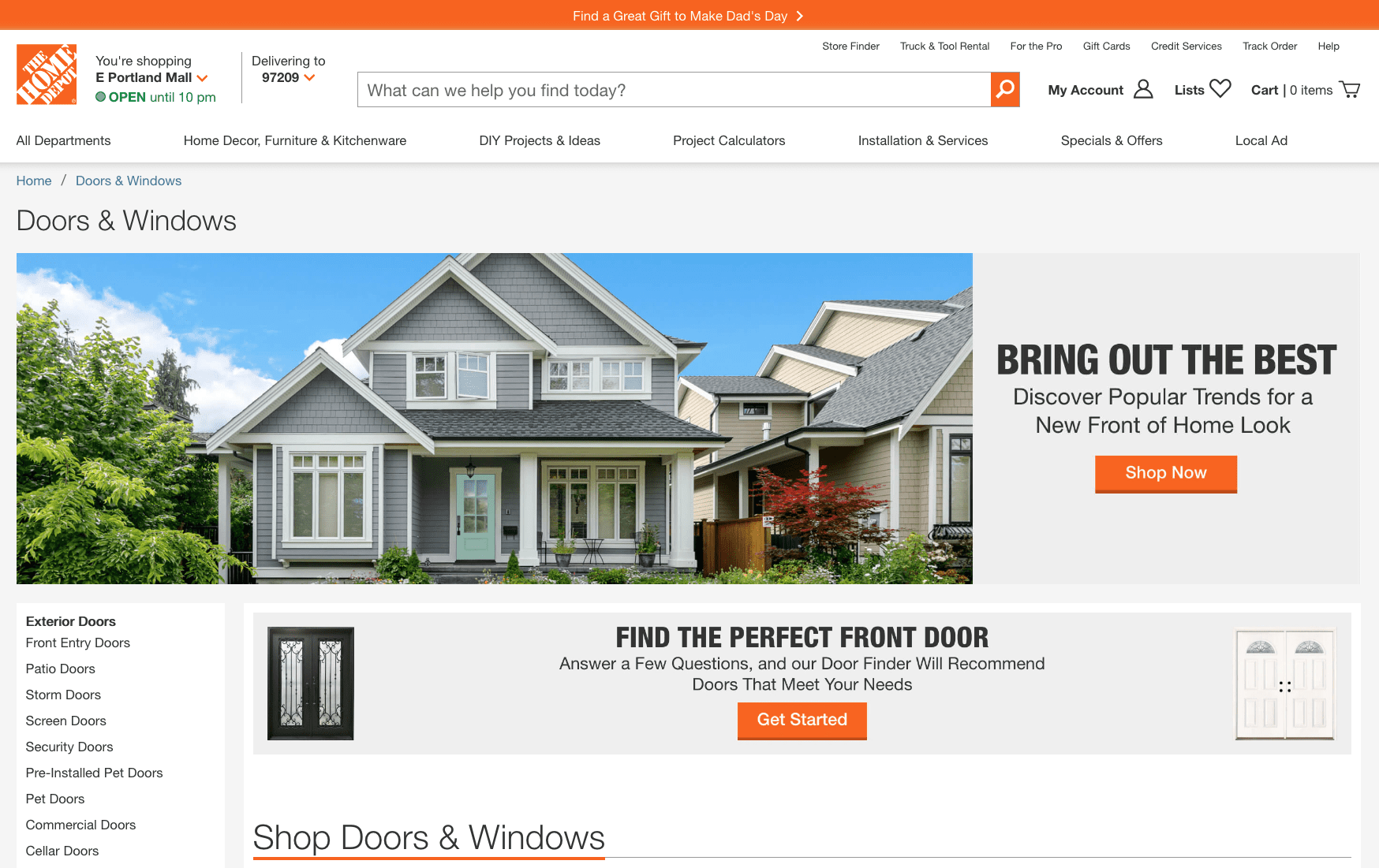 Screenshot of Home Depot's website showing the Doors and Windows page.