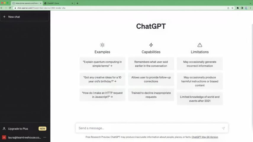 The home screen of ChatGPT showing the layout of the chat interface, with example questions, capabilities, and limitations of the AI listed for user reference.