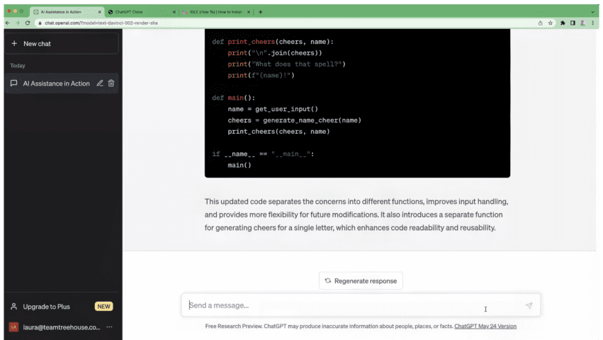 A screenshot of a chat interface where ChatGPT explains a Python code snippet. The code includes a print_cheers function that takes 'cheers' and 'name' as parameters, a main function that gets user input, generates name cheers, and prints them, followed by a conditional statement to run the main function.