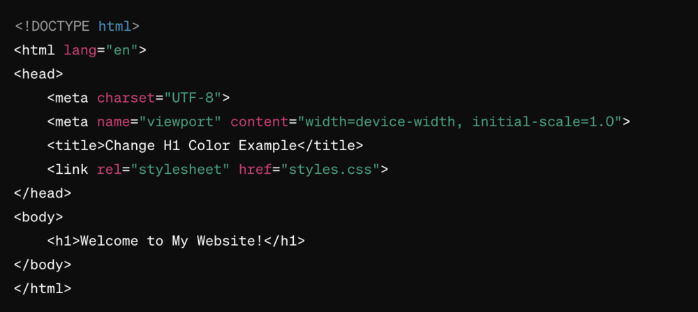 HTML code showing a basic structure with a linked CSS file and an H1 tag. The H1 tag says "Welcome to My Website!".