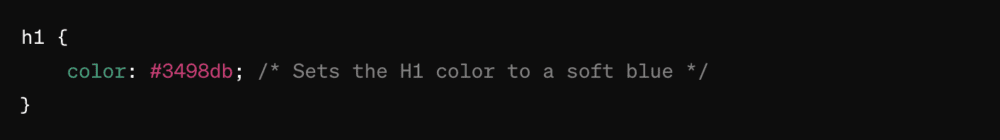 CSS code setting the color of the H1 tag to a soft blue (#3498db).