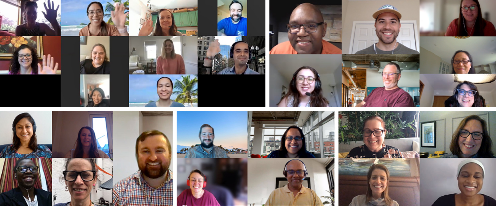 Screenshot of a virtual meeting featuring diverse participants on a video call, illustrating team collaboration in a virtual environment, useful for planning and hosting a virtual hackathon.