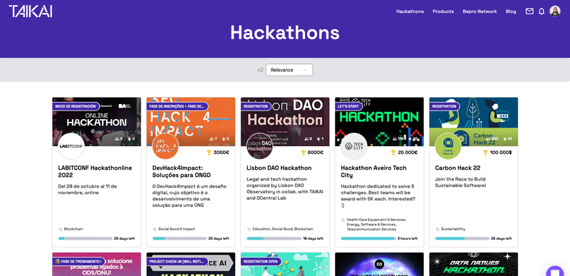 Overview of the Taikai platform displaying various hackathons, including online and DAO hackathons, highlighting platforms that can be used to plan and host a virtual hackathon.