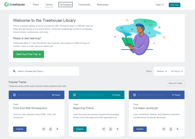 Treehouse online learning platform's library page offering coding and tech-related courses.